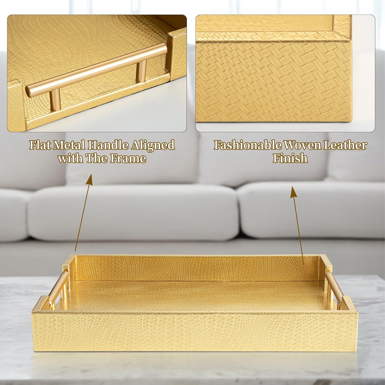 2 Piece Woven Leather Ottoman Tray with Gold Handles, Perfect Rectangular Serving Tray for Living Room, Coffee Table Home Decor Enthusiasts (Golden) - Image 4