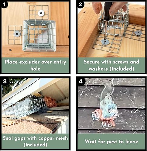 Miniatura 4 de Excluder Trampa unidireccional para ardillas y roedores, controla ratones, ratas, murciélagos, ardillas y más - Lana de malla de cobre fina incluida
