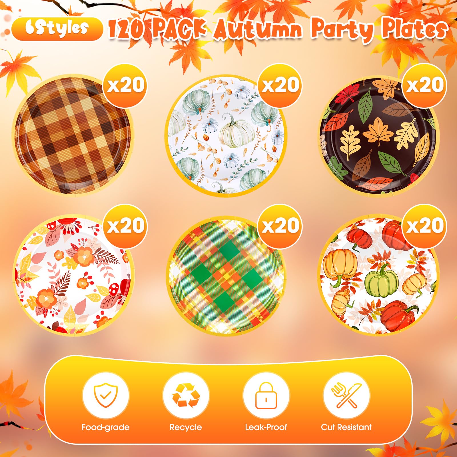 48 Stück Herbst-Pappteller Mit Kürbis- Und Ahornblatt-Motiv | 17,8 Cm, 4 Designs | Für Kuchen, Salat & Desserts | Ideal Für Thanksgiving & Partys