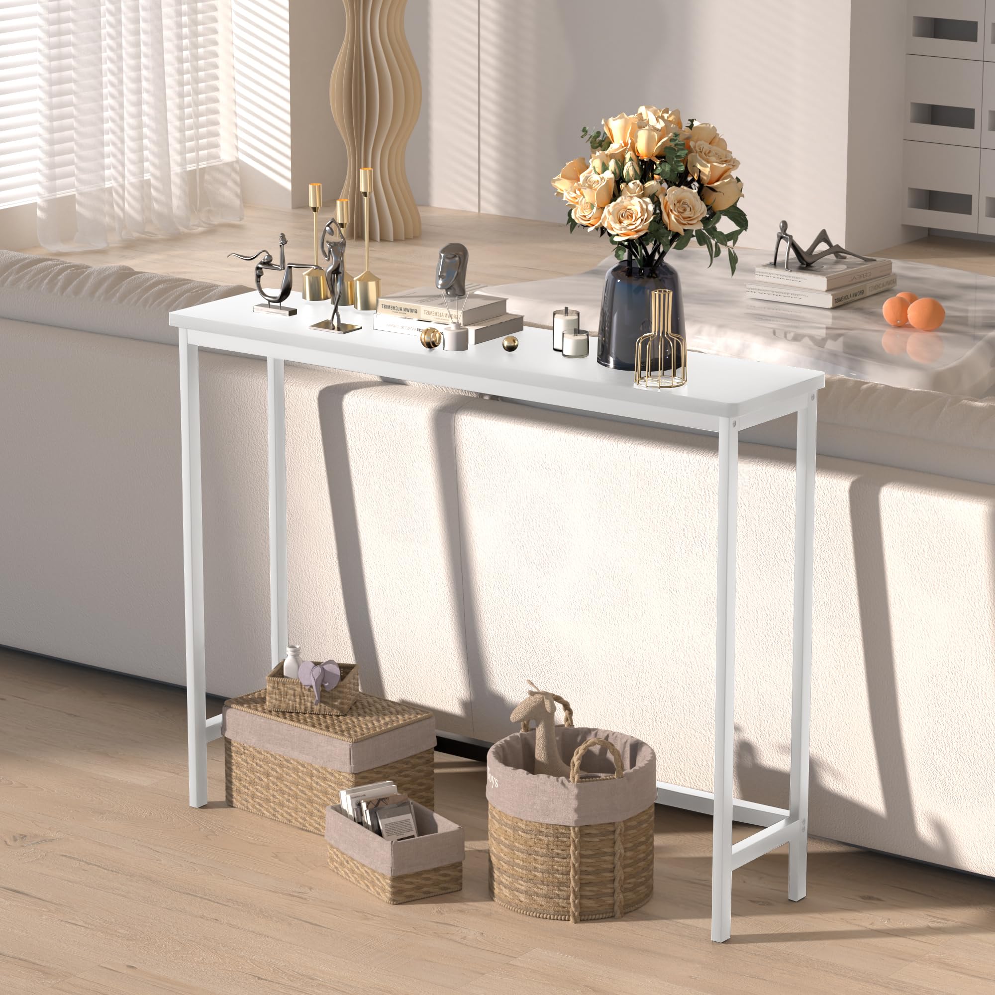 VASMIA Konsolentisch Schmal, 100 cm Bambus Beistelltisch, Flurtisch, Kleiner Ausstellungstisch, Sofatisch für kleinen Raum, für Eingang, Flur, Foyer, Wohnzimmer, weiß