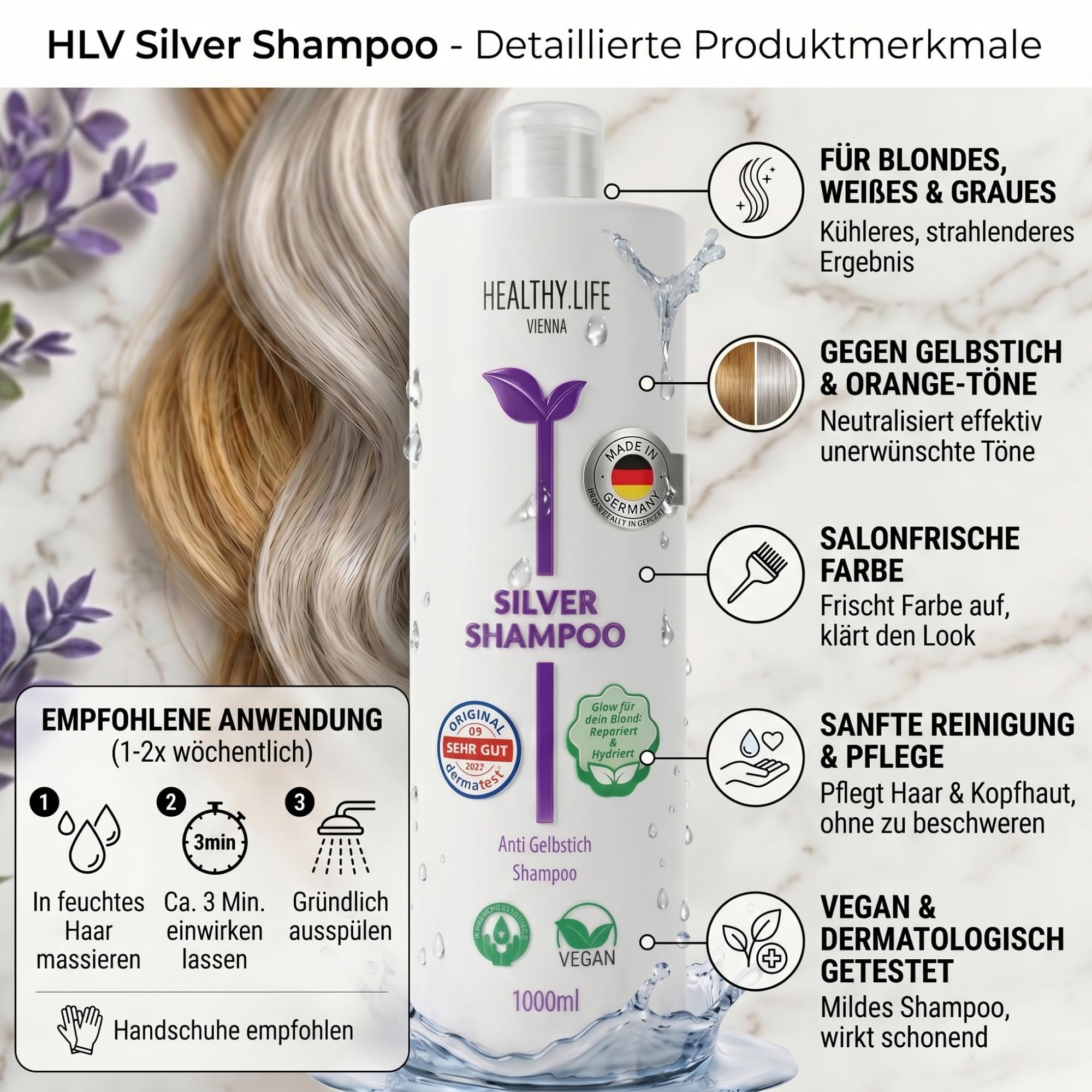 HLV - Silver Shampoo – VEGAN, mit Ultraviolettem Farbstoff Gegen Gelb & Graustich | Für Blondes, Weißes & Graues Haar | Mildes Anti-Yellow Shampoo, Wirkt Ohne das Haar zu Beschädigen, 1000 ml