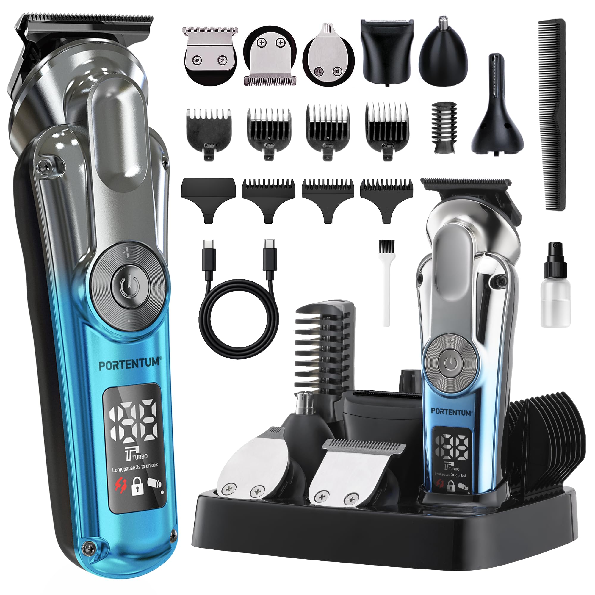PORTENTUM Tagliacapelli uomo professionale LED – Set da 21 pezzi – Macchinetta per capelli e corpo di precisione – Rasoio elettrico barba – 6 Testine – 7 Pettini – USB-C – Base Organizzatore Compatta