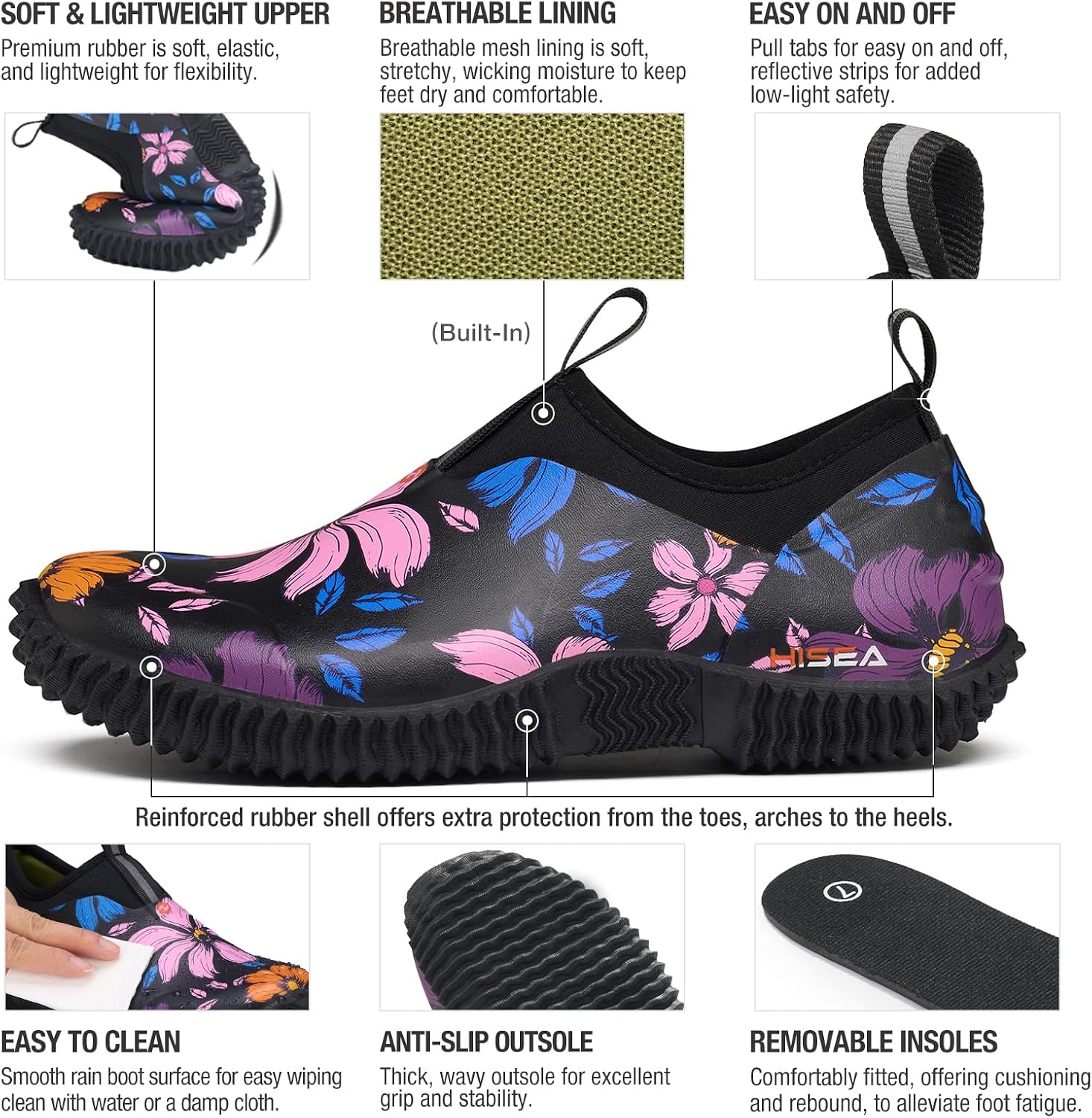 HISEA Waterproof Garden Shoes for Women Neoprene Slip-On Rubber Rain Footwear Short Ankle Booties