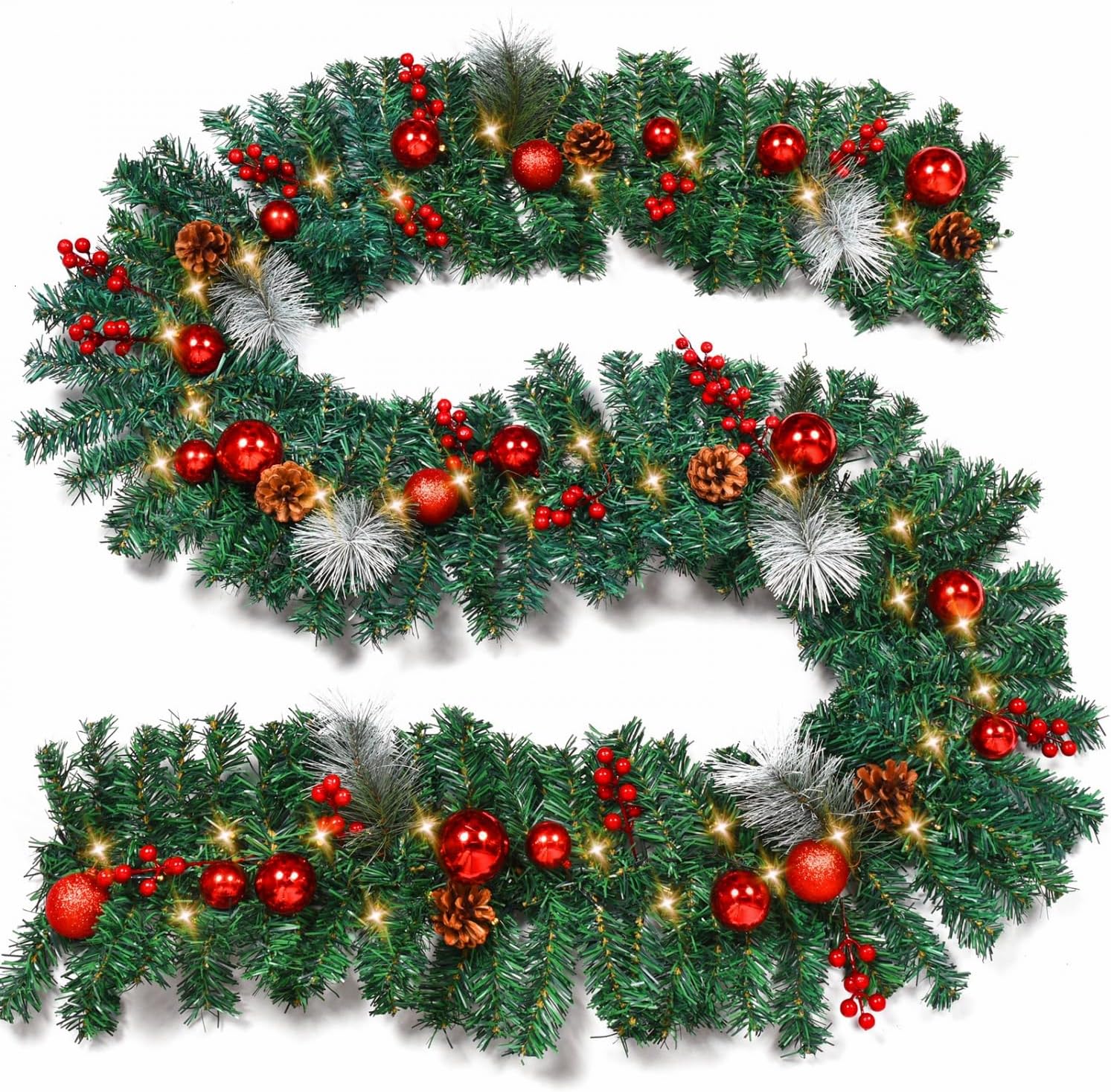 YoleShy9 Foot Christmas Garland, Outdoor Christmas Garland with Pine Cones, Red Berries Red Ball for Fireplace, Mantle Stair Railing