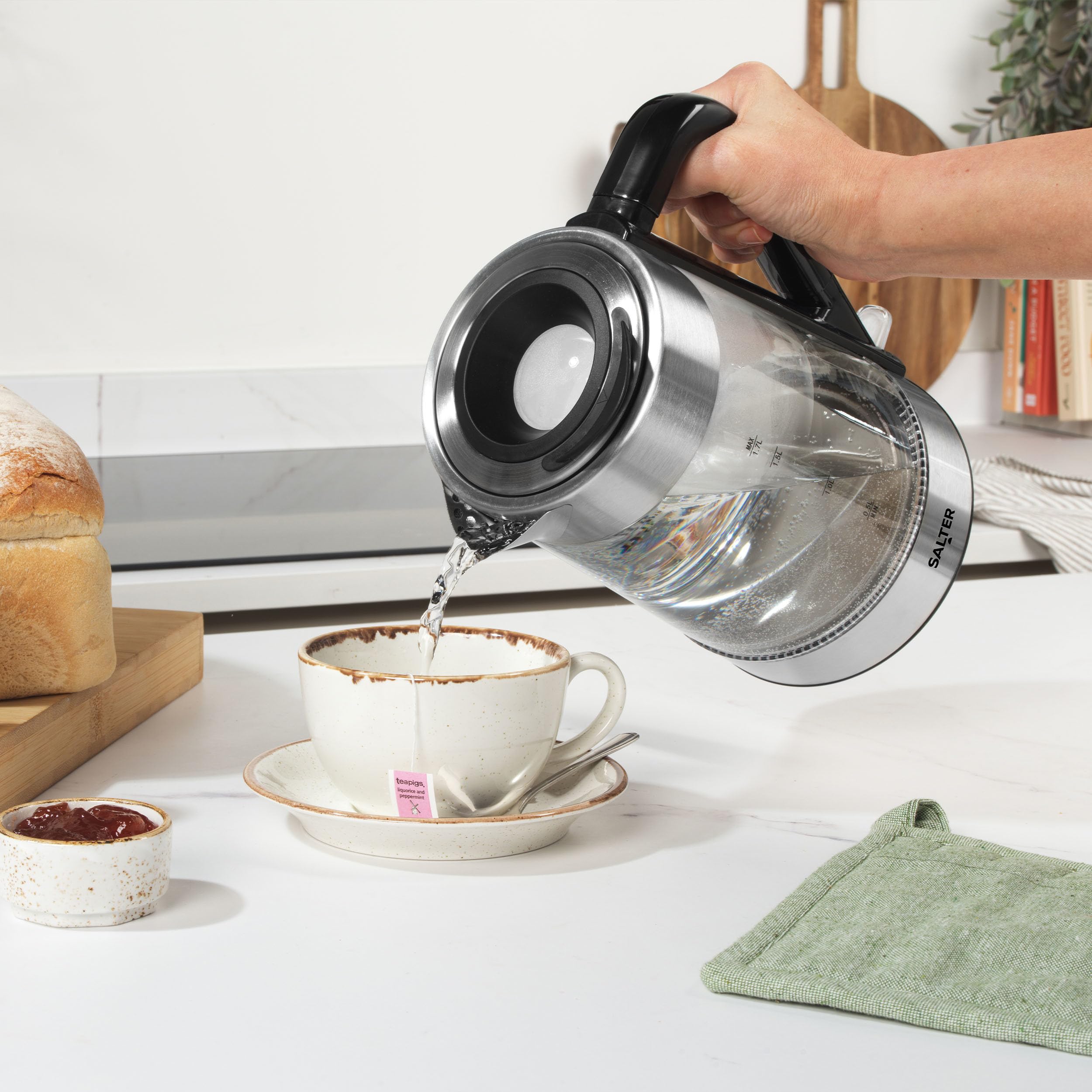 Salter Hervidor de vidrio que cambia de color - 1,7 L, iluminación LED de azul a rojo, tapa de presión de agua de fácil llenado, filtro antical, sin BPA, sensor de ebullición en seco, EK5078SSFVDE
