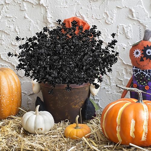 AmyHomie 20 paquetes de flores artificiales de eucalipto negro para decoración de Halloween al aire libre, flores sintéticas resistentes a los rayos