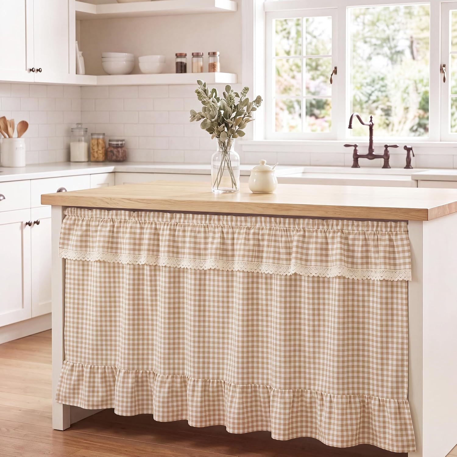 Panelee Gingham Sink Skirt for Bathroom, 28" x 51" Ruffle Cabinet Curtain