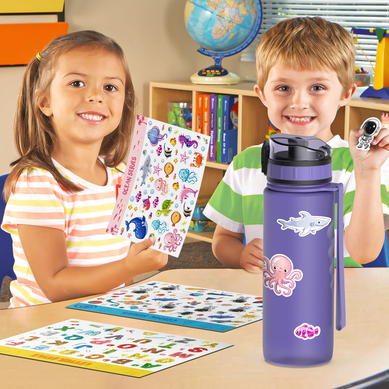 Luyiilo Botella infantil a prueba de fugas, 500 ml, apta para bebidas carbonatadas, sin BPA, botella con inserto de frutas y pegatinas, perfecta para guardería, escuela (morado)