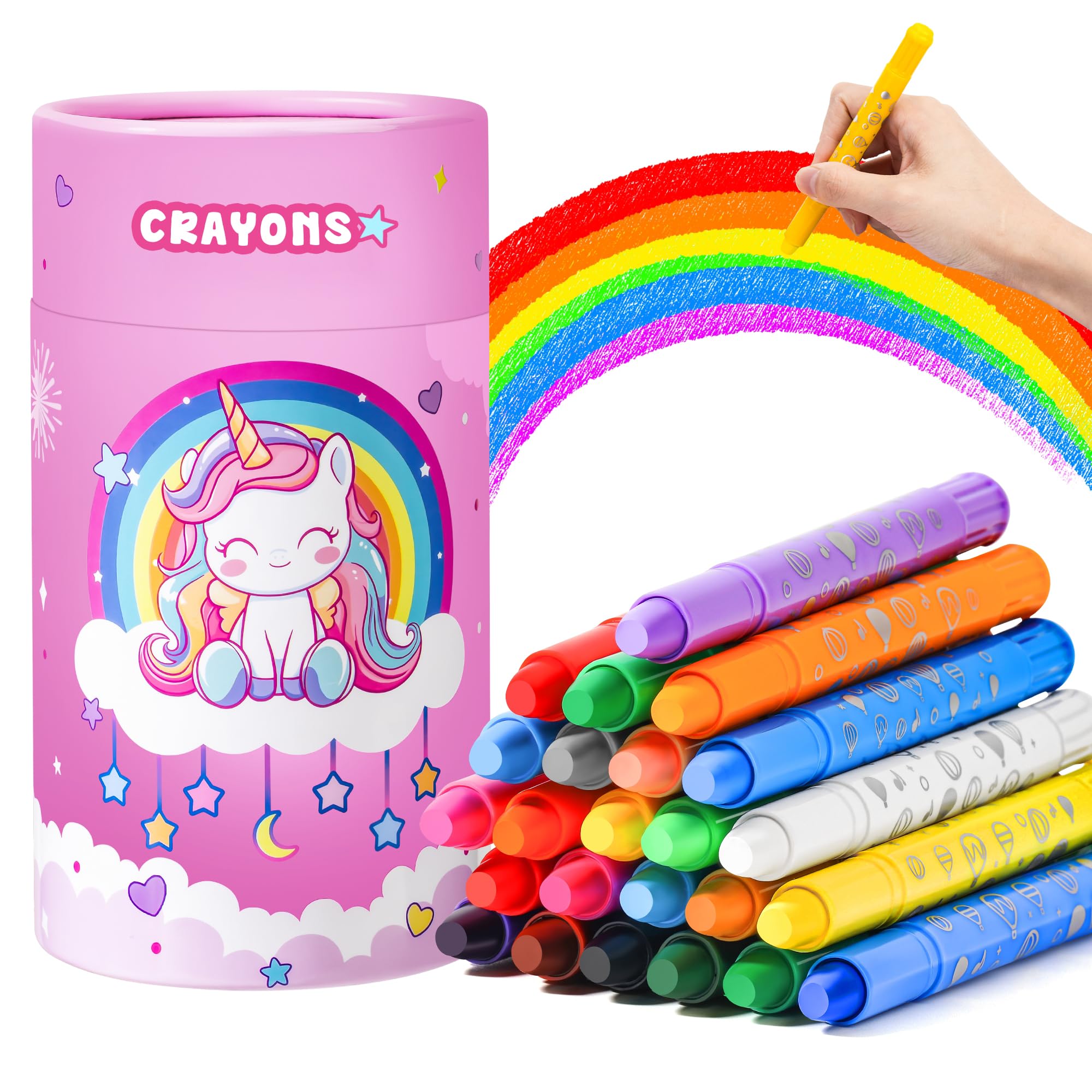 JYPS Crayons for Toddlers, 24 Colors Washable Silky Crayons Set with Unicorn Pen Holder, Non Toxic Safe for Children Ages 1-3, Art Supplies Colouring Set Girl, Gift for Kids Back to School