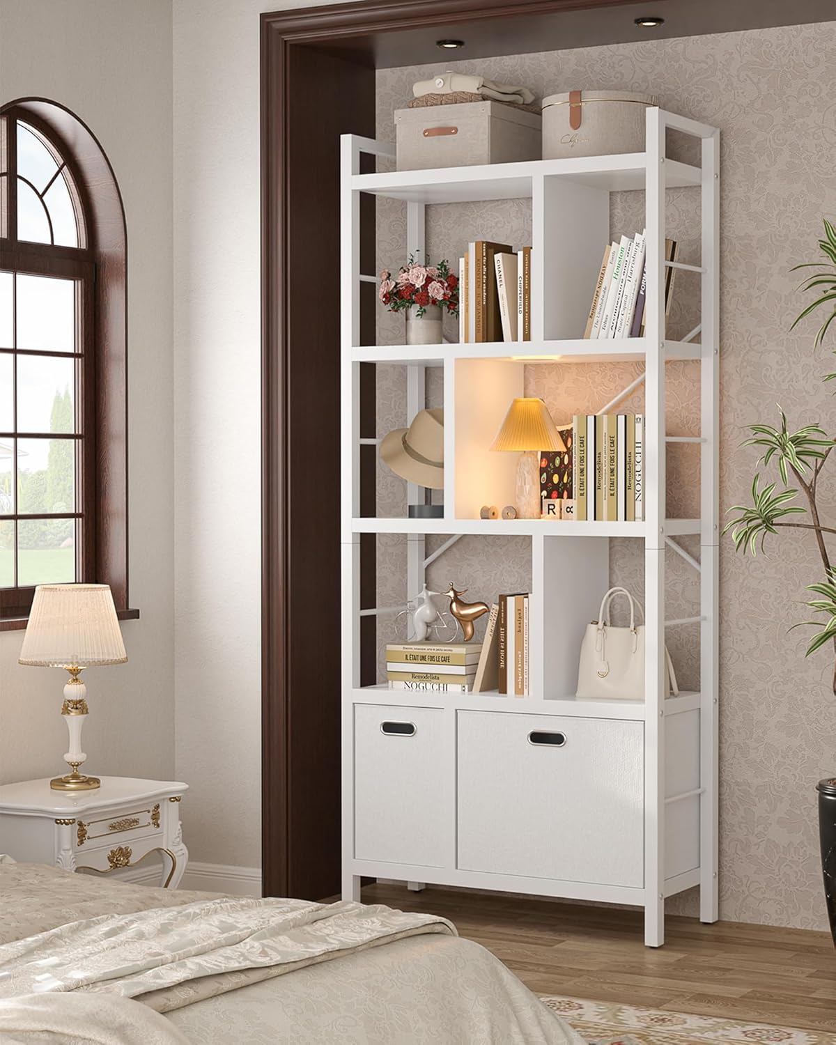 Armocity Bookshelf with Drawers - 5 Tier Tall Bookcase Geometric Modern Book Shelf Display Standing Bookshelves with Storage for Living Room, Bedroom Home Office, White