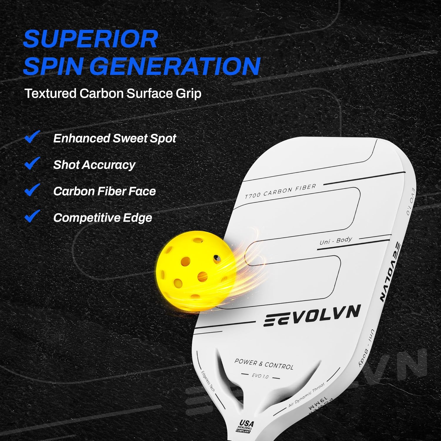 Pickleball Paddle Racket, Toray T700 Carbon Fiber, Edgeless Polypropylene Core, 19 mm, Balanced Power and Control, Textured Surface for Spin, Air-Throat, Lightweight, White, Designed in USA