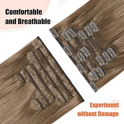 Miniatura 4 de Extensiones de cabello humano real con pinzas, color castaño ceniza, 2.47 onzas, extensiones de cabello humano Remy con clip, 15 pulgadas, suaves y