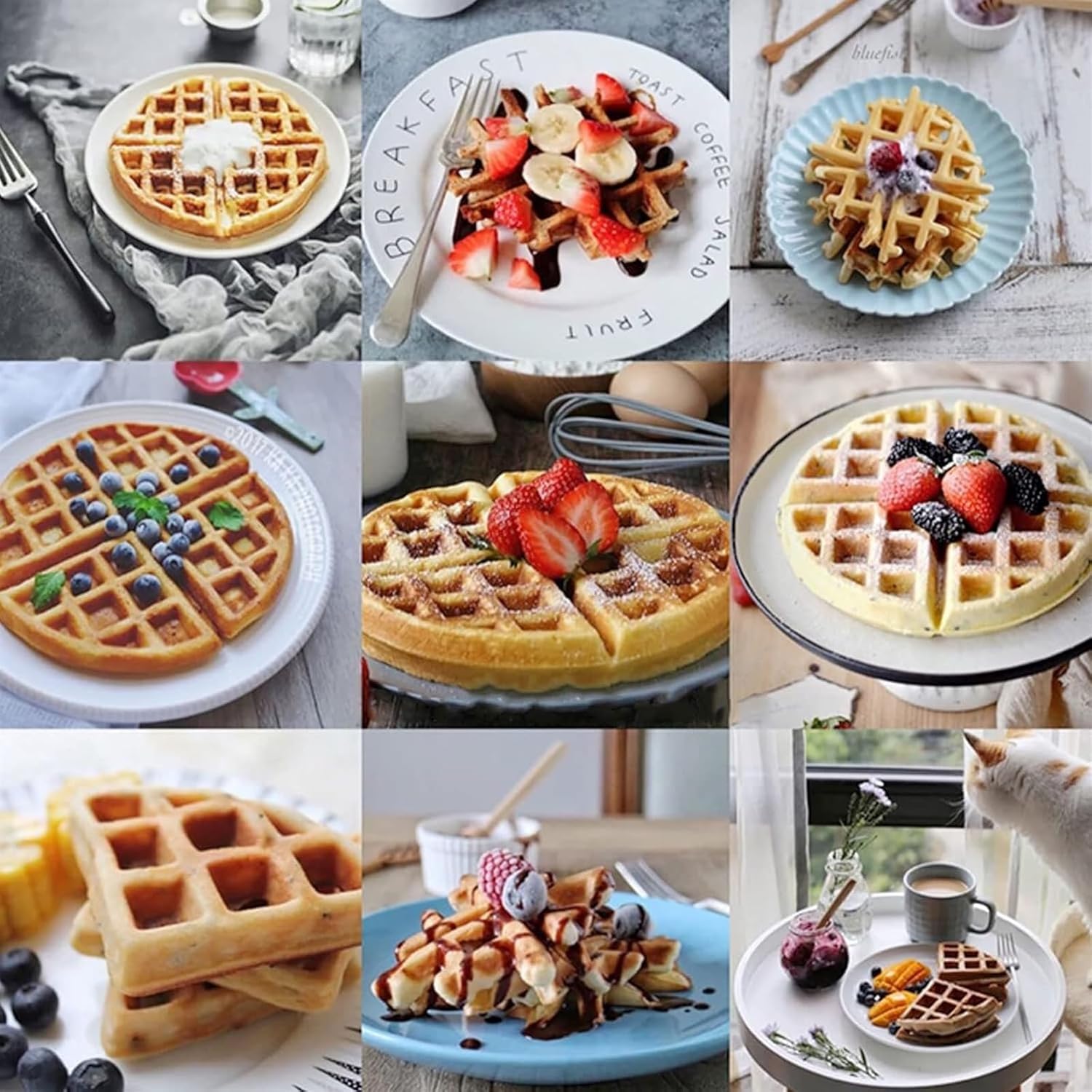Product list table showing specifications of the flip waffle maker, including product name, rated voltage, frequency, power, weight, and package size.