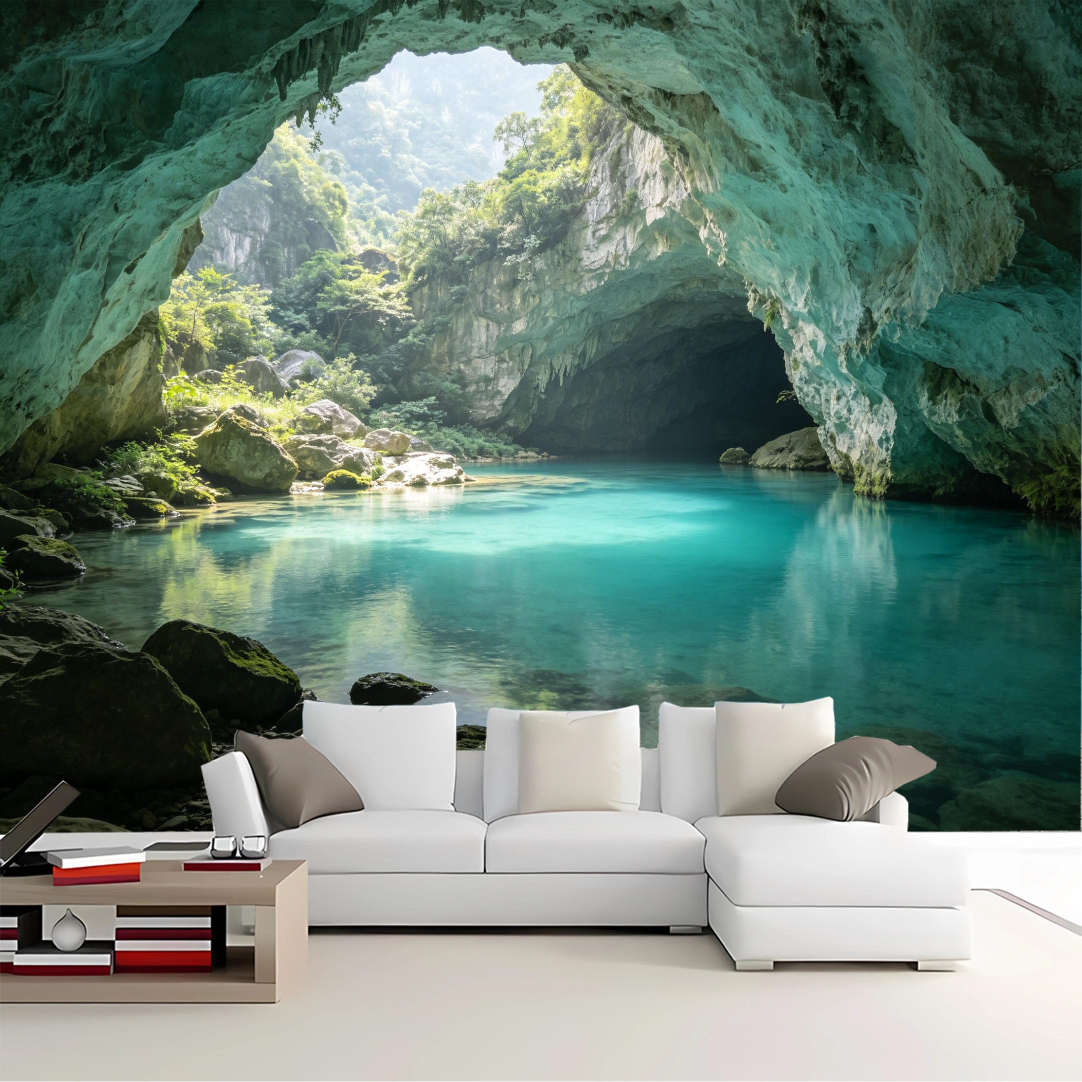 Custom Size Wall Mural Cave View Turquoise Lake Reflection Removable Self Adhesive Peel and Stick Wallpaper for Bedroom Living Room Dining Room