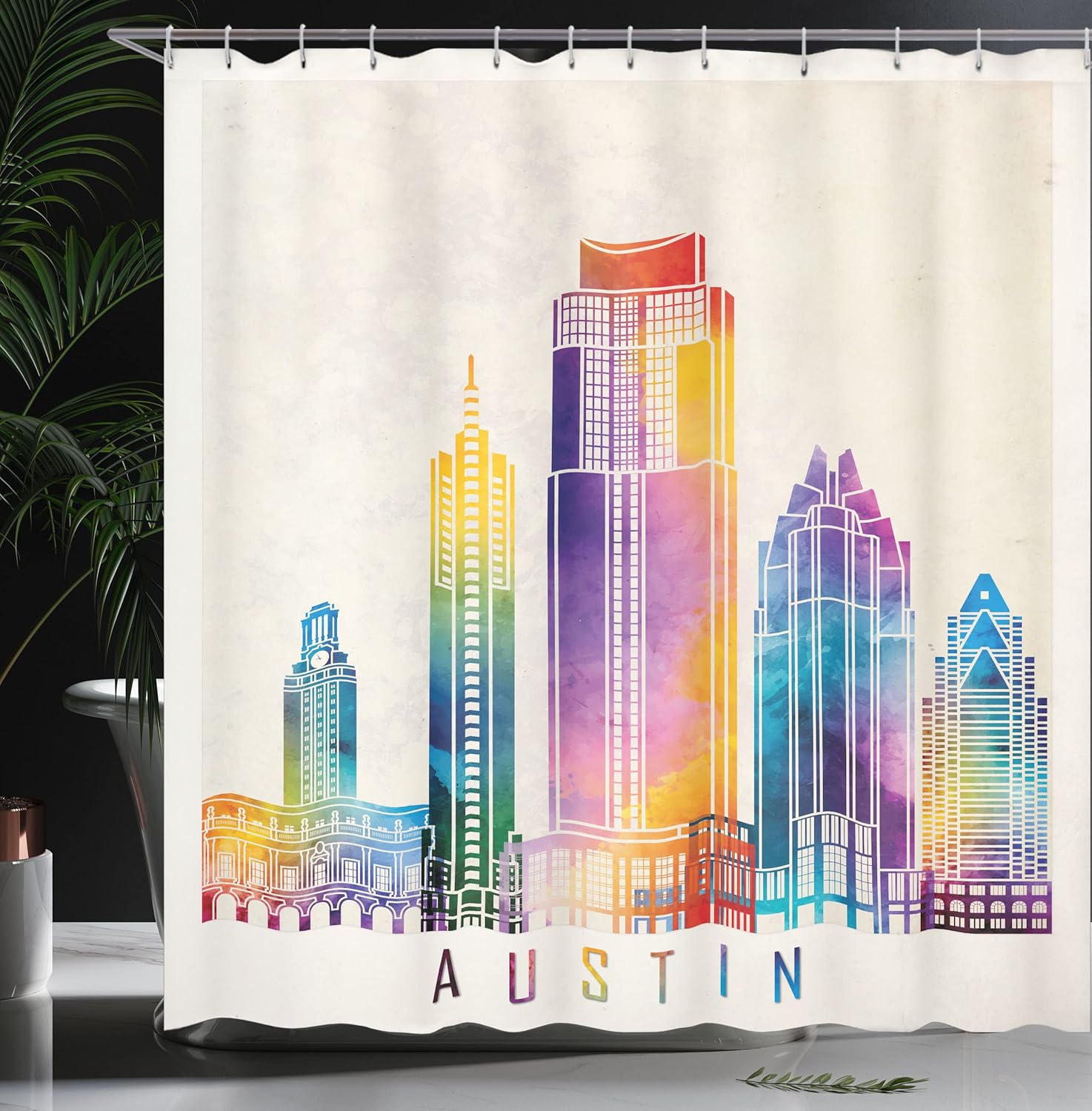 Ambesonne Austin Shower Curtain, Outlined Monuments Skylines of Texas Blended Rainbow Watercolor Ink Splatter Art, Cloth Fabric Bathroom Decor Set with Hooks, 69" W x 75" L, Ivory Multicolor