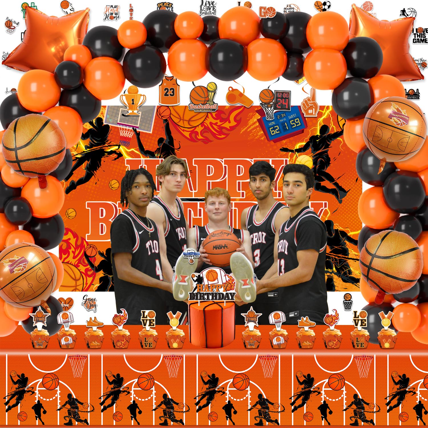 Basketball Birthday Party Decorations, 177 Pcs Basketball Themed Party Supplies for Boys Baby - Backdrop, Cake, and Cupcake Toppers, Balloons, Cupcakes Wrappers, Hanging Swirls, Tablecloth, Stickers