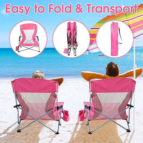 Miniatura 4 de Huwena Paquete de 2 sillas de playa para adultos con 2 paraguas, sillas plegables bajas, desmontables, ajustables, ligeras con reposabrazos,