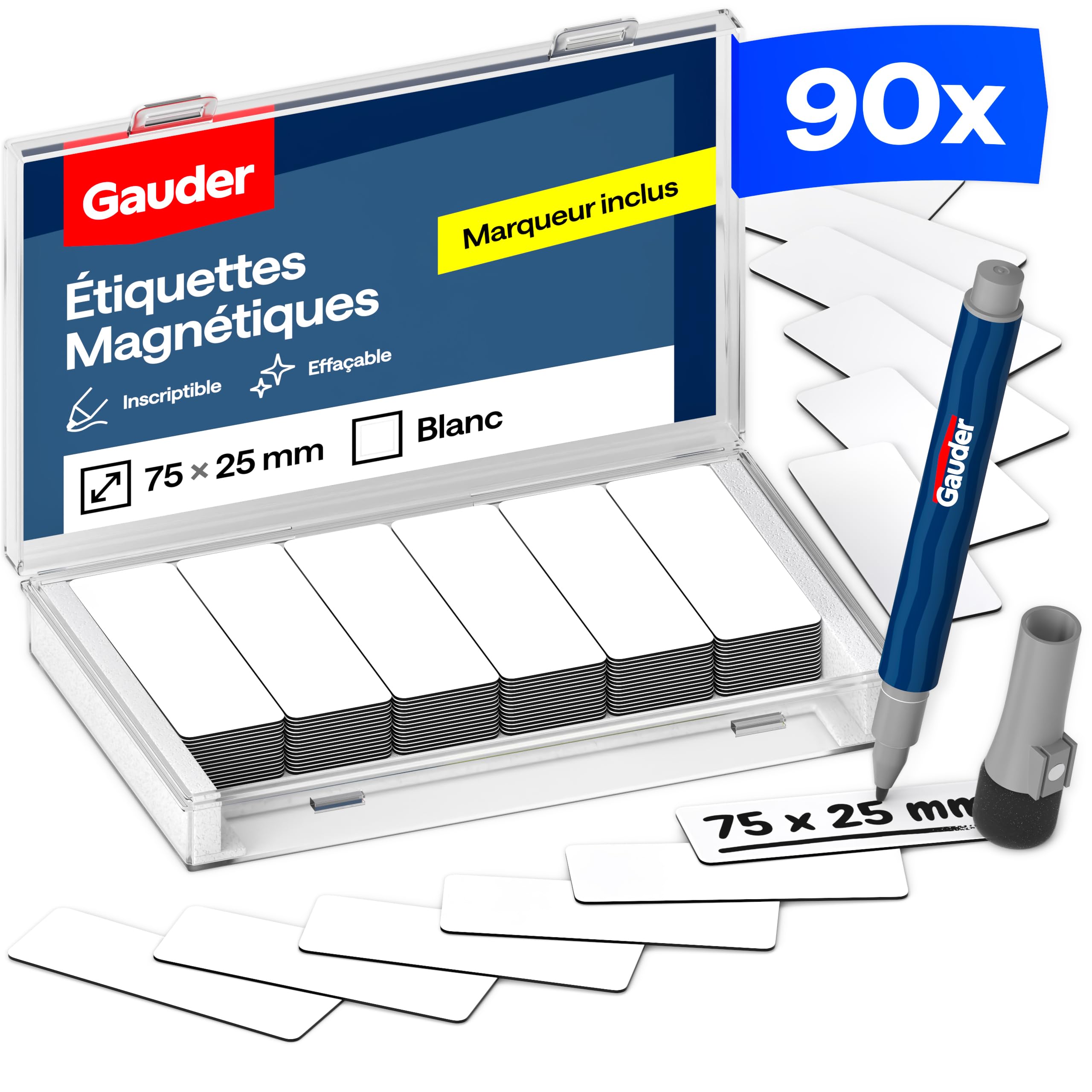 GAUDER Etiquetas Magnéticas Reutilizables - Imanes para Escribir para Pizarra Blanca, Tablero Kanban, Nevera y más - Tarjetas Magnéticas con Rotulador (90 Unidades - 75 x 25 mm)