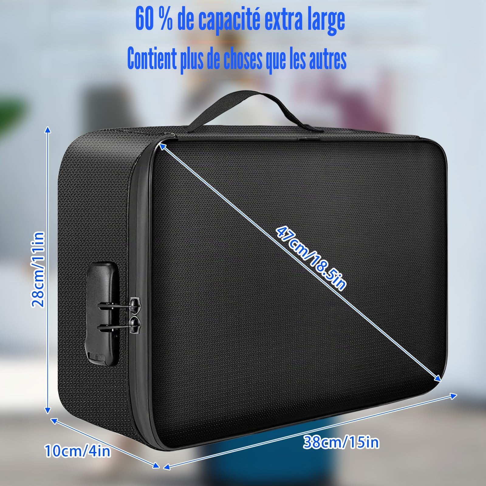 Sac à documents ignifuge / étanche (38 x 28 x 10 cm) 4 couches Grande capacité ignifuge avec serrure, boîte de rangement sécurisée pour passeport, certificats, documents juridiques, objets