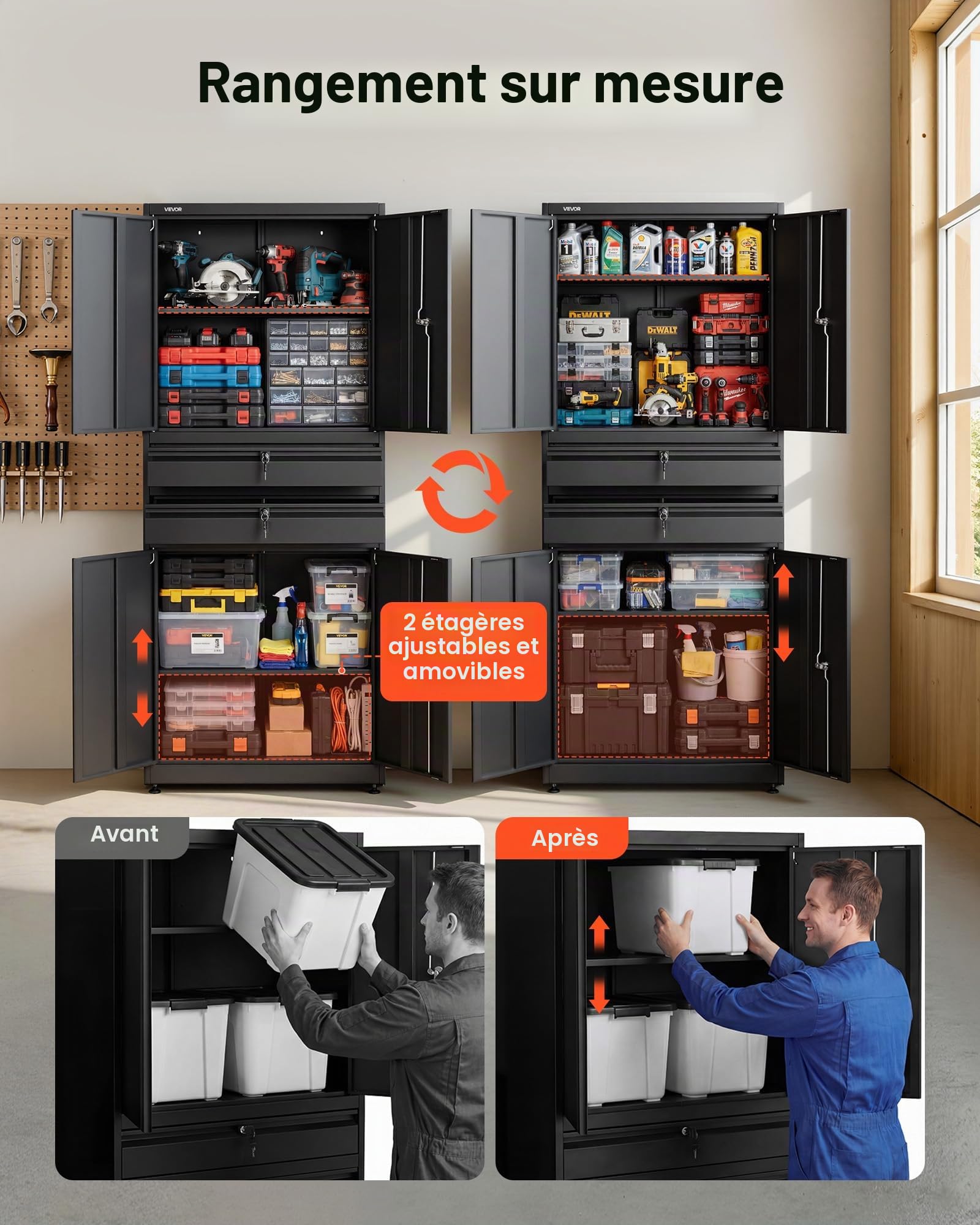 VEVOR Armoire de Rangement en Métal 76x38x180 cm, Charge 81,5 kg par Étagère, Armoire à Outils pour Garage, Atelier, Bureau et Buanderie, avec 4 Portes Verrouillables, Étagères Réglables, 2 Tiroirs