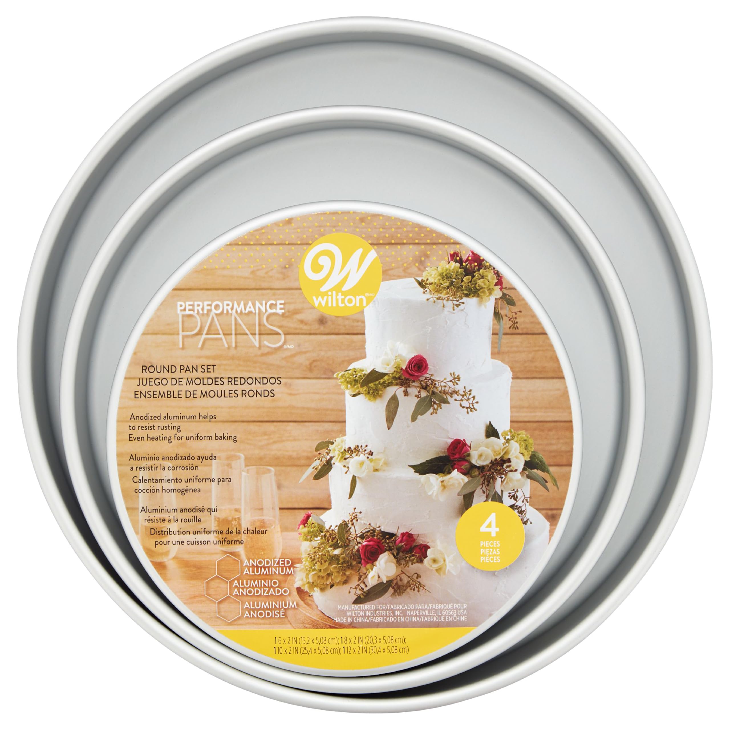Wilton Aluminum Round Cake Pan Set, 4-Piece for Layered Cakes,Durable, Even Heating, Rust-Resistant, Professional Bakeware, 8, 10, 12 in., Package May Vary