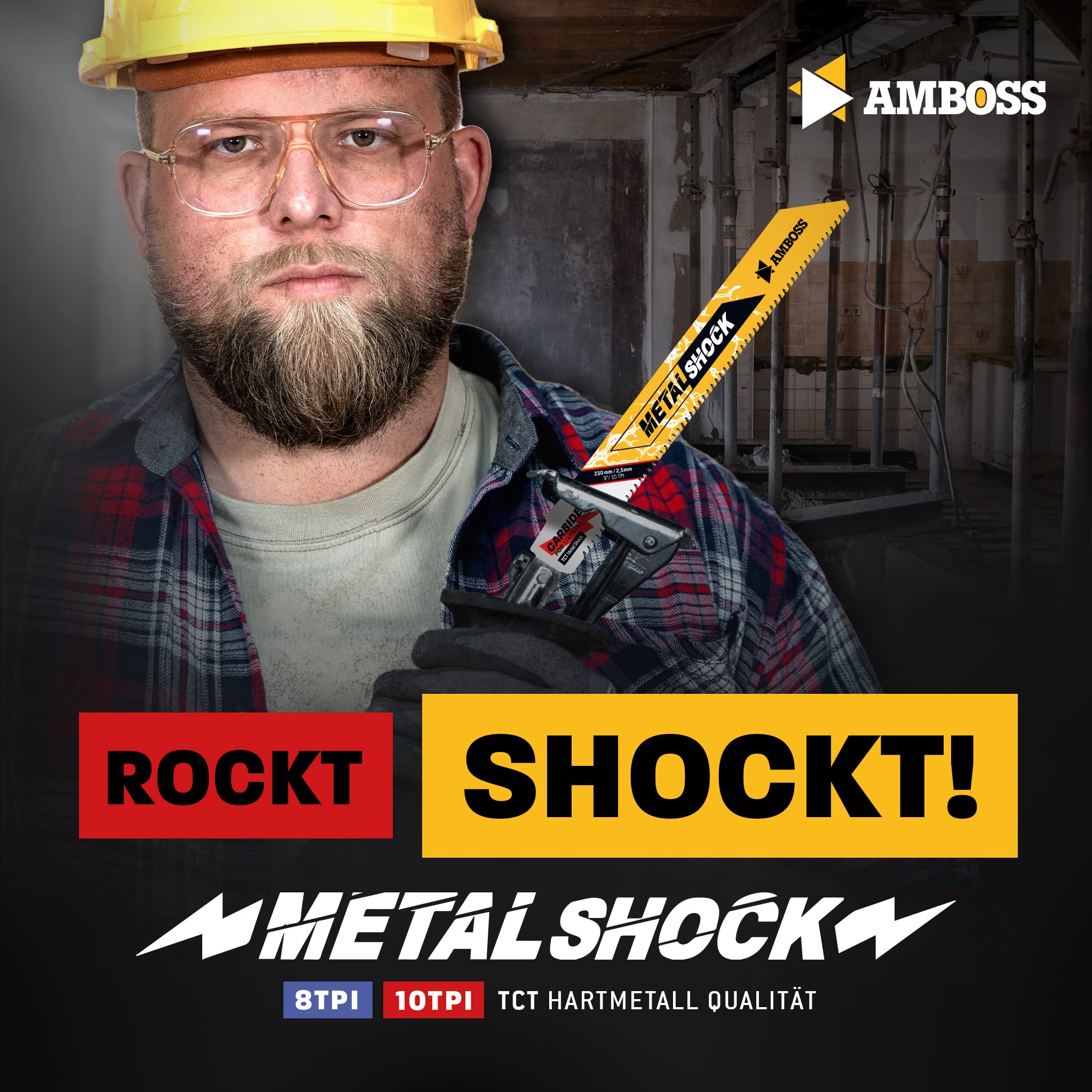 AMBOSS METAL SHOCK - 10 x brzeszczot do piły szablastej długość 230 mm / 10 ZpZ - idealny do odrywania/ montażu / demontażu/budowy rur - nadaje się do stali nierdzewnej oraz stali (rury/profile/nośniki) oraz rur żeliwnych