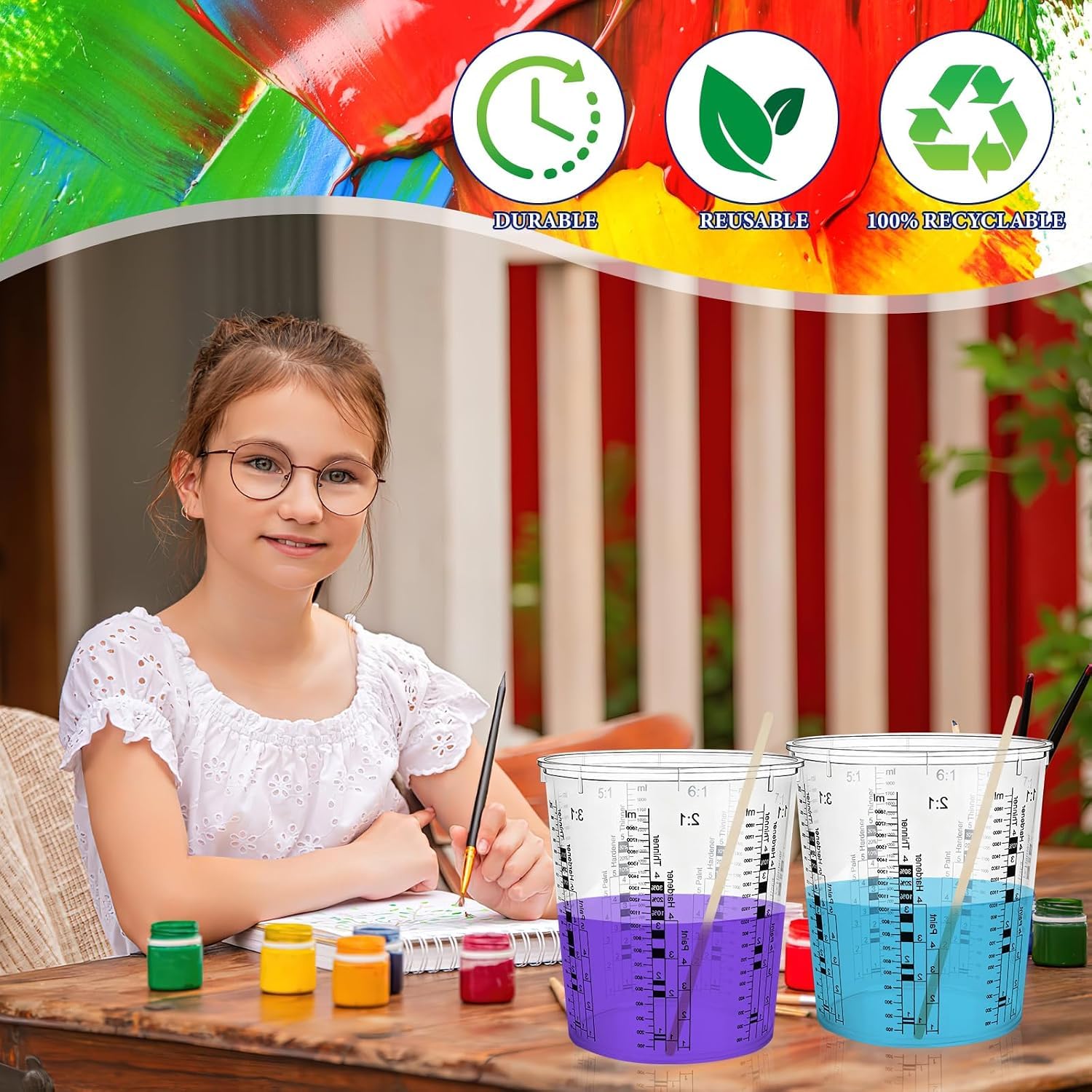 Lot de 24 gobelets mélangeurs de peinture - 2250 ml - Transparent - Avec agitateurs - Grand verre doseur jetable avec échelle pour peinture de voiture, résine, résine époxy et liquides