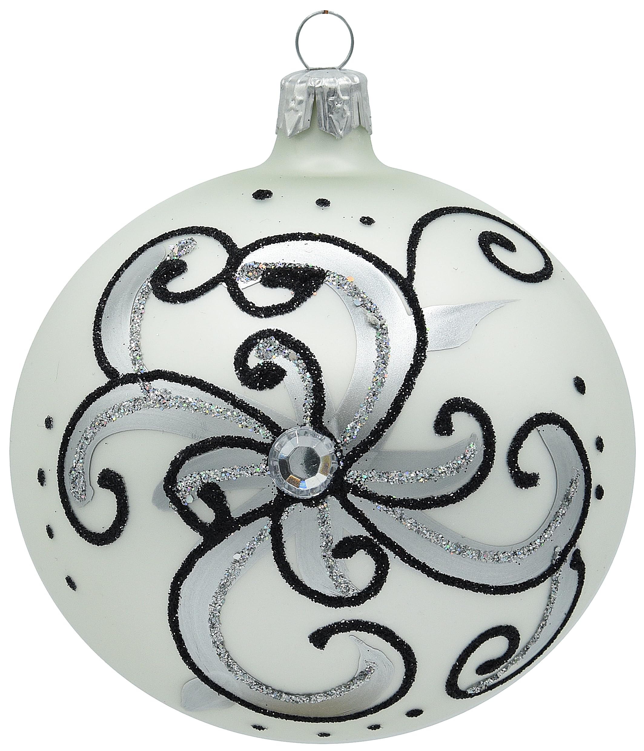 Weihnachtskugel Aus Glas – 10 Cm, Mundgeblasen, Handdekoriert In Mattweiß Mit Silber