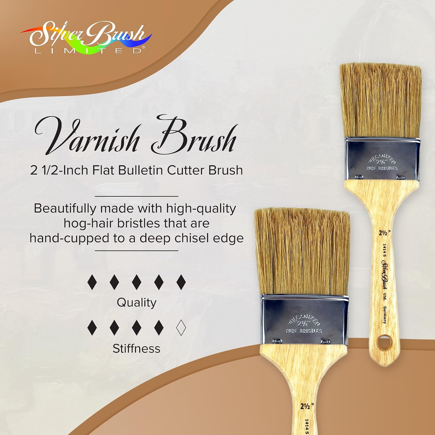 Silver Brush 1414S-212 Grand Prix Superior White Bristle Short Handle Brush, Flat Bulletin Cutter, 2-1/2-Inch