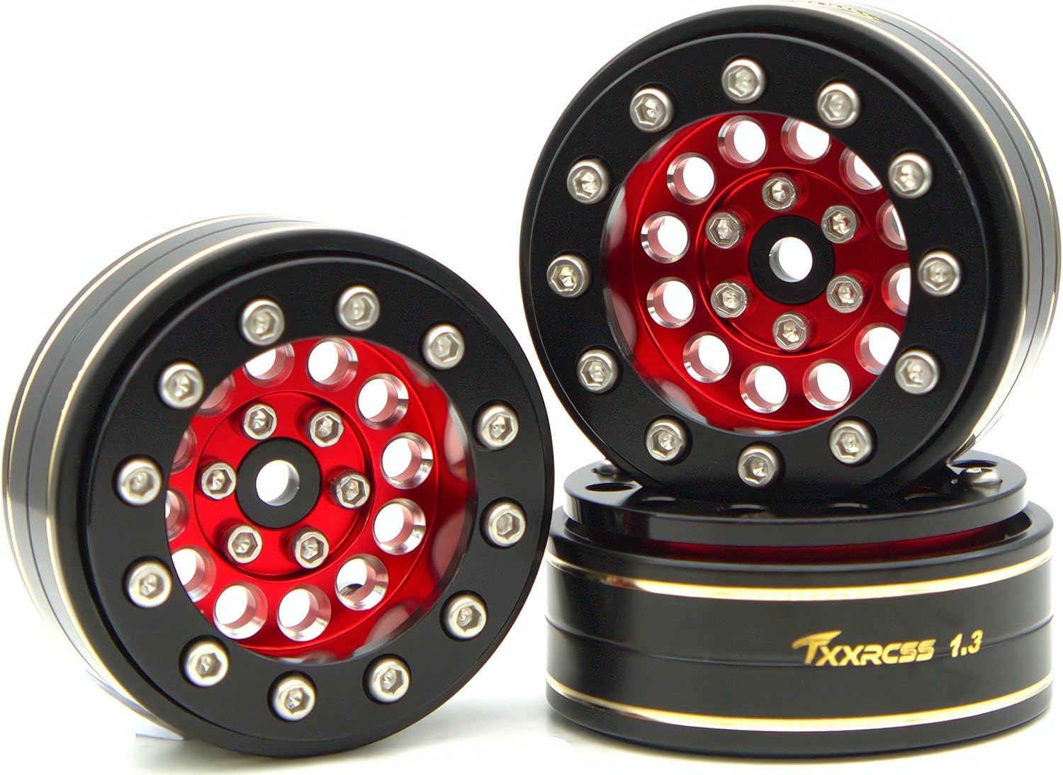 1.3 Beadlock Wheels & Brass Ring Weight 46.5g Adjustable Offset-3mm 1.3 Wheels Hex 7mm for 1/18 1/24 RC Crawlers Upgrade 4Pc YK (Red Black)