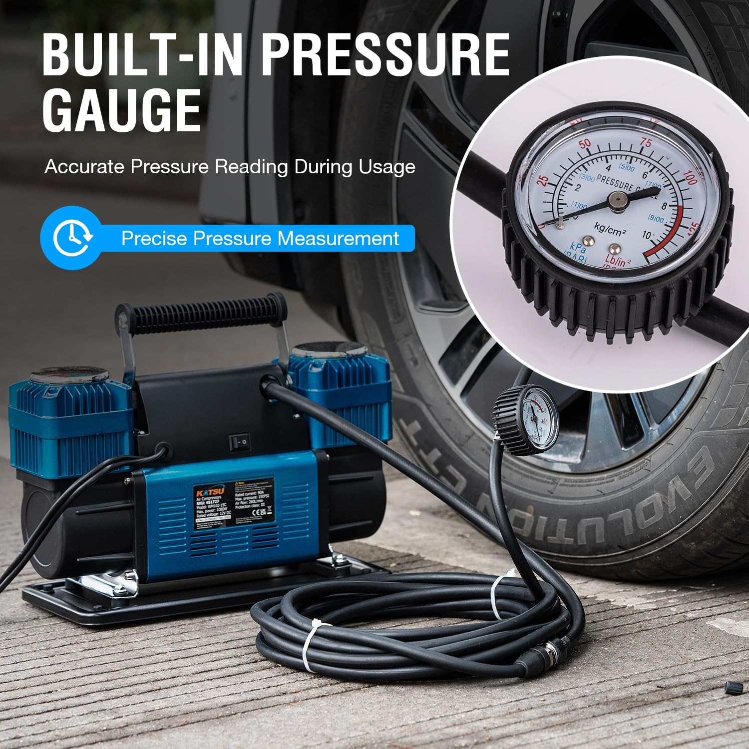 KATSU Tools Professional Car Air Compressor, 2 Cylinders, 150 PSI, 12 V KATSU Tools Professional Car Air Compressor, 2 Cylinders, 150 PSI, 12 V