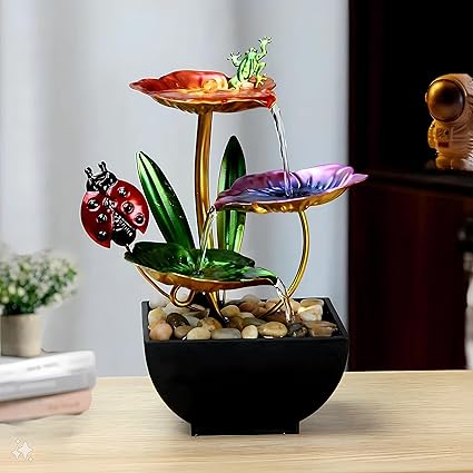 Seven Moon Metal Leaf Tabletop Water Fountain Home Decor Ornaments for Living Room Office with Waterfall Desktop Lotus Fountains with Deep Basin and Natural River Rocks Indoor Zen Relaxation 7MWF03