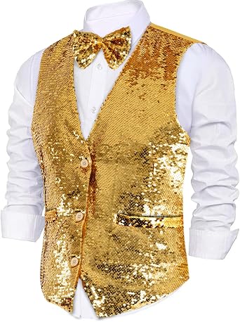 Dress Up America Sequin Vest with Bowtie - Sparkly Vest for Men - Costume Party Vest for Adults - Men Sequin Vest Silver