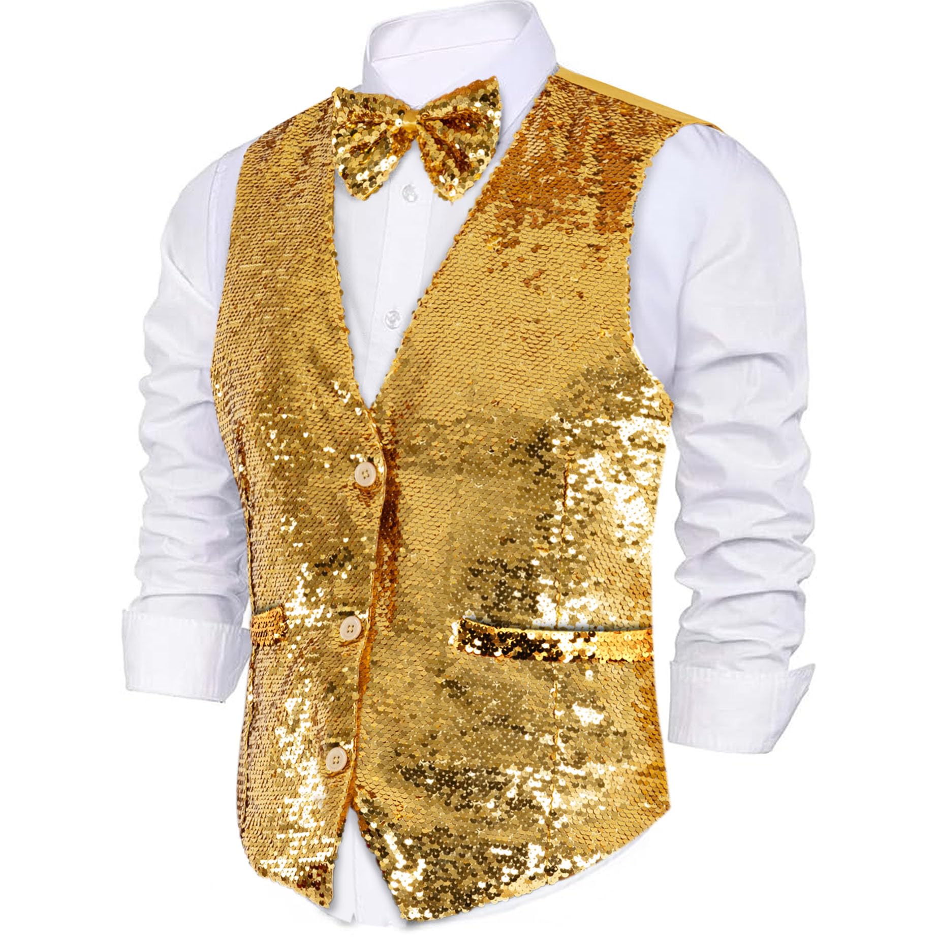 Dress Up America Sequin Vest with Bowtie - Sparkly Vest for Men (Gold, Large)