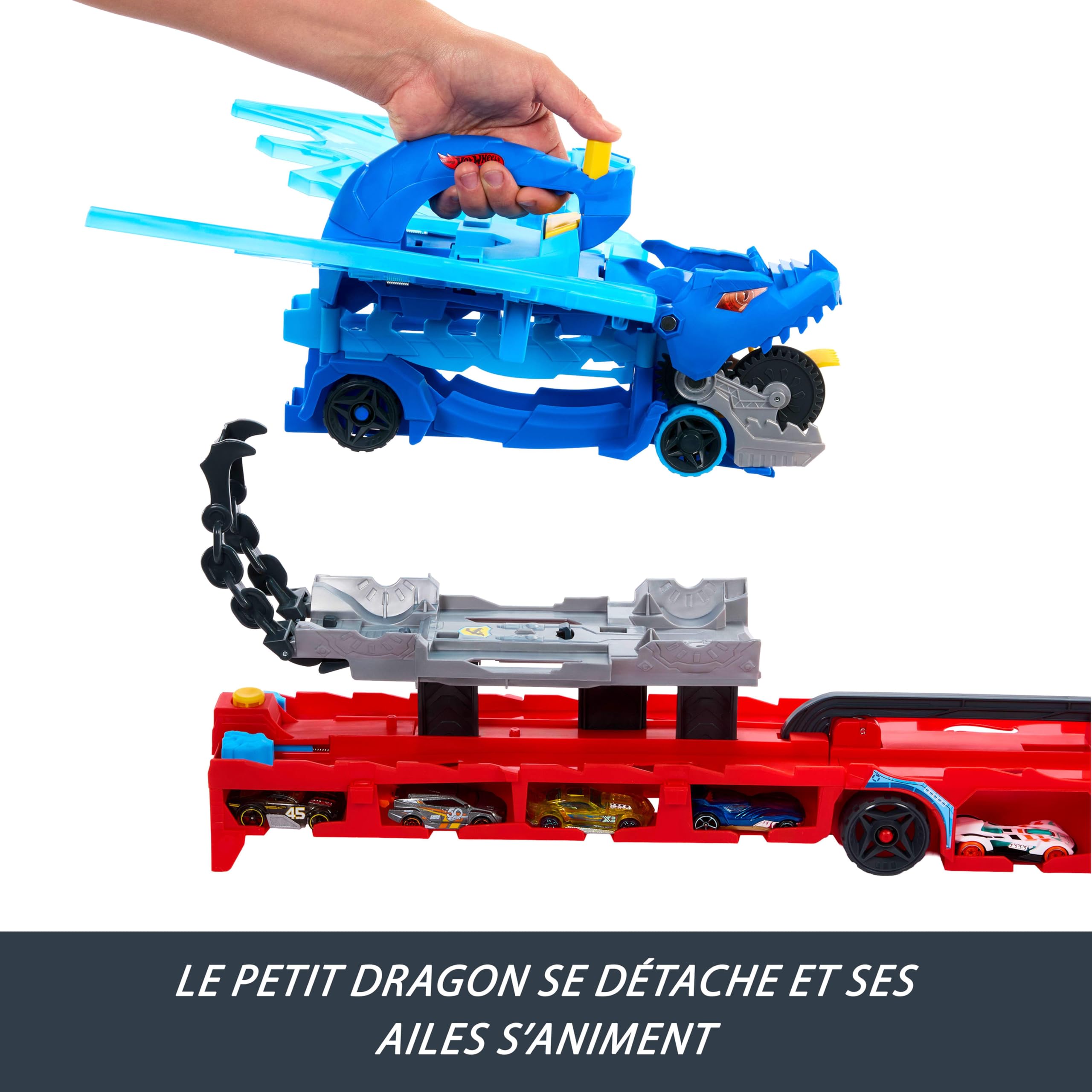 Hot Wheels Transporteur 2 en 1 Dragons City avec 2 transporteurs Dragons et 2 Voitures Miniatures, Un Grand Dragon et Un Dragon Amovible, Peut contenir Plus de 20 véhicules, JKJ79