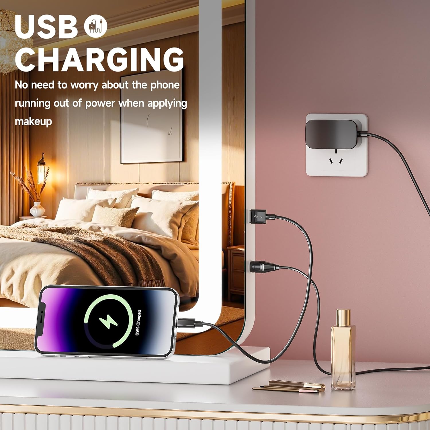 Vanity Mirror with Lights, 40" x 29" LED Makeup Mirror with 10X Magnification, Dimmable 3 Modes, Memory Function, Smart Touch, USB Charging Port, Lighted Makeup Mirror Round White