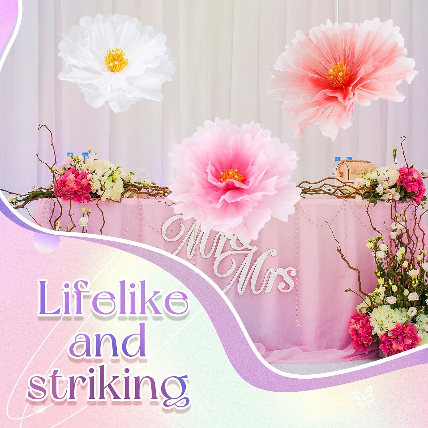 Havawish 3pcs 19.7in Giant Flowers Decoration, Artificial Gauze Large Flower Prop for Wedding Reception Banquet Ceremony Church Party, White Pink and Purple