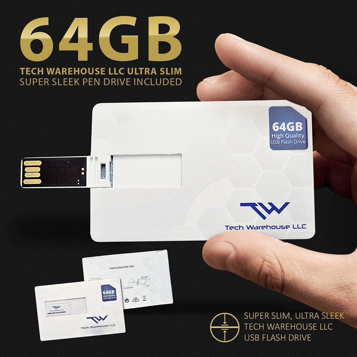 A 64GB Tech Warehouse LLC USB Flash Drive, shown in a credit card style form factor.