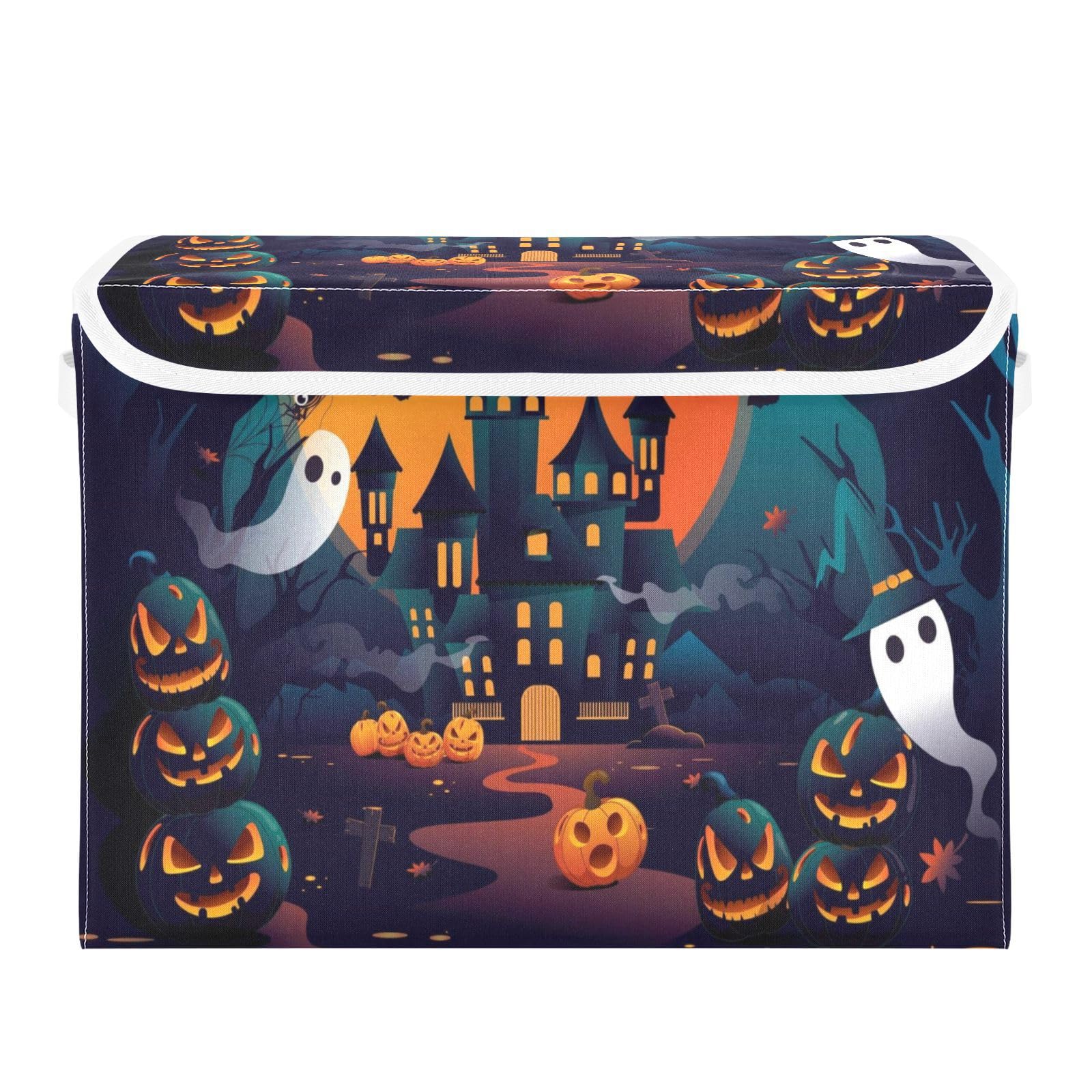 Jumbear Ghost Castle Halloween Collapsible Storage Bins With Lids,Foldable Fabric Storage Boxes，Storage Basket Closet Bin 42×32×30Cm