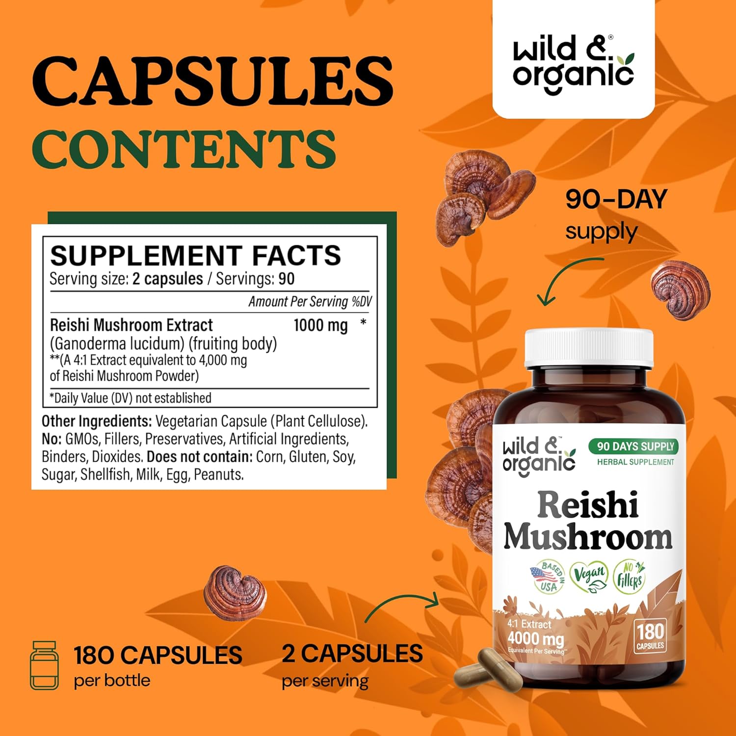 Wild & Organic Reishi Mushroom Capsules 1000 mg - Immune & Energy Support - Red Reishi Mushroom Extract - Ganoderma Lucidum Supplement - 180 Vegan Capsules - 90 Days of Supply, Non-GMO, Gluten-Free