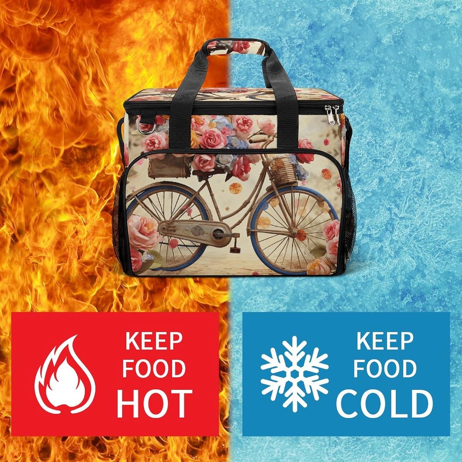 Portable Camping Cooler Pack,Flower Bicycle Print Reusable Lunch Pack,Outdoor Large Capacity Picnic Pack