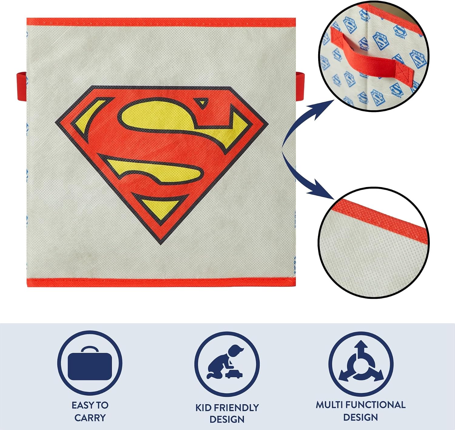 Superman Kids Storage Cubes, 2 Pack Foldable Fabric Bins with Handles, Collapsible Organizer Boxes for Bedroom, Playroom & Nursery, Durable Kids Storage Solution