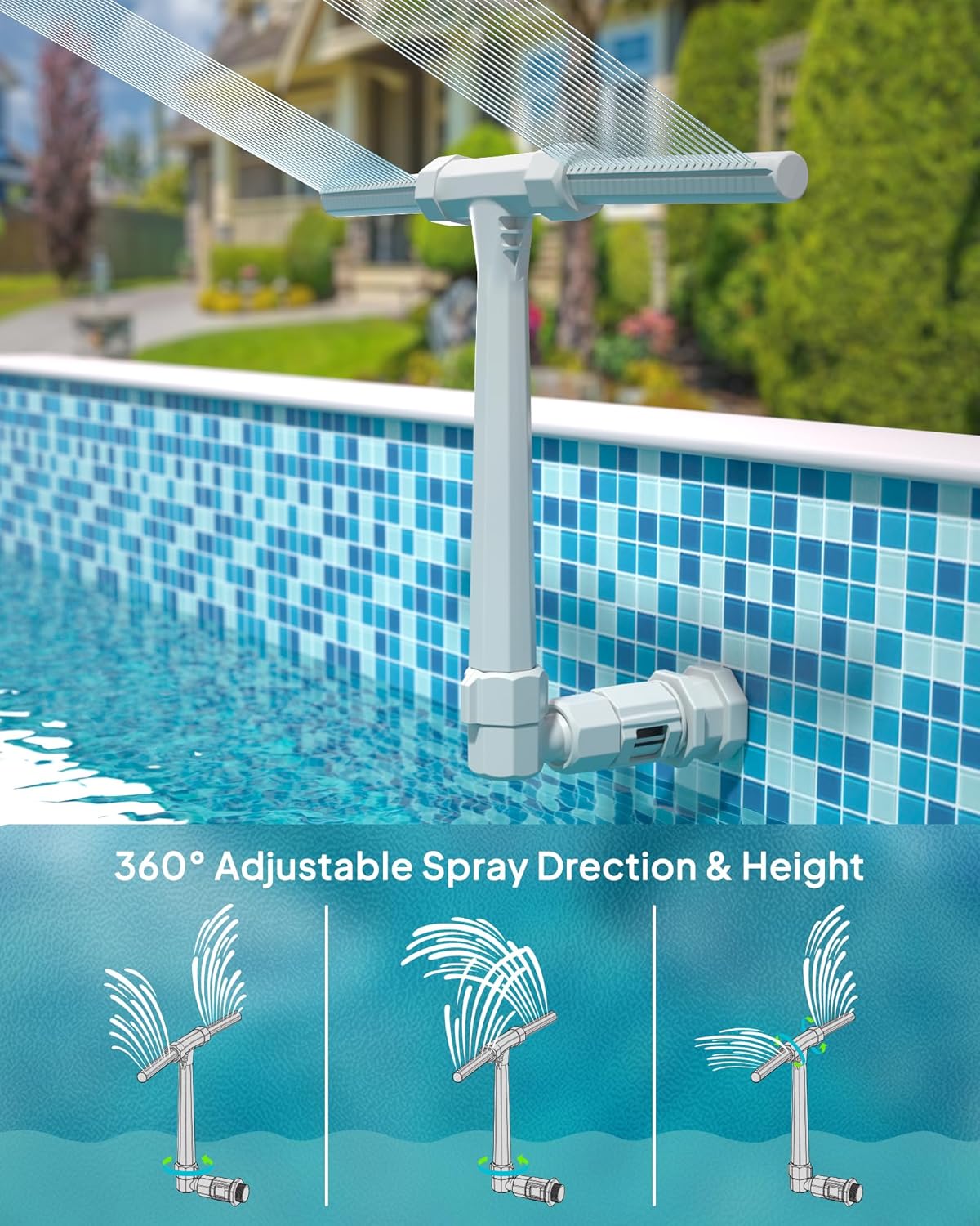 Dual Spray High-Pressure Pool Fountain - Adjustable Waterfall Sprinkler Cooler for Above-Ground & In-Ground Pools, 360°Cooling Jet & Relaxation, Gray