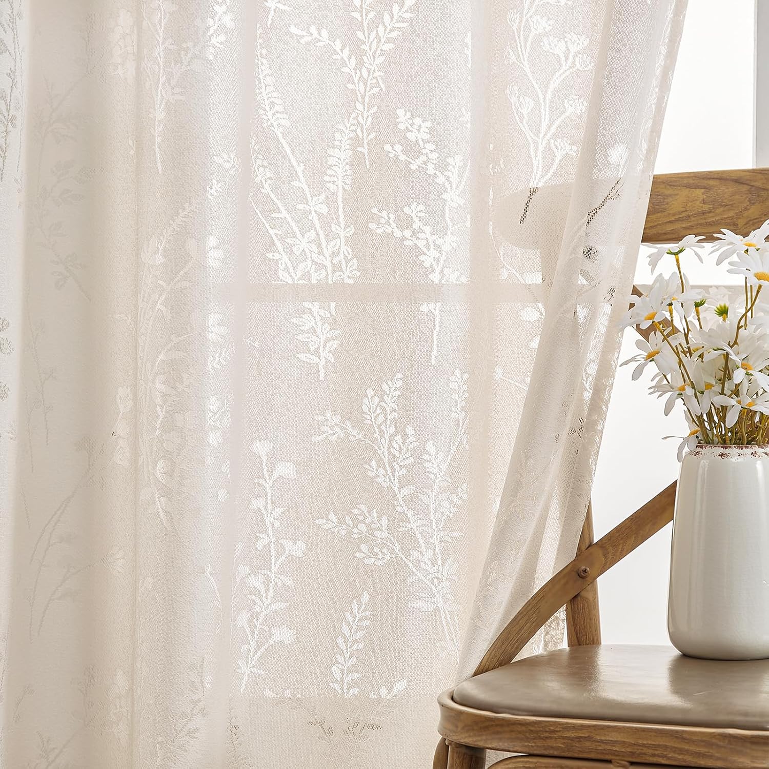 Boho Curtain Sheer 84 Inches Long Lace Western Curtains for Living Room 2 Panels Set Light Filtering Privacy Vintage Sheer Lace Curtains for Bedroom Sliding Door, W55 X L84, Beige