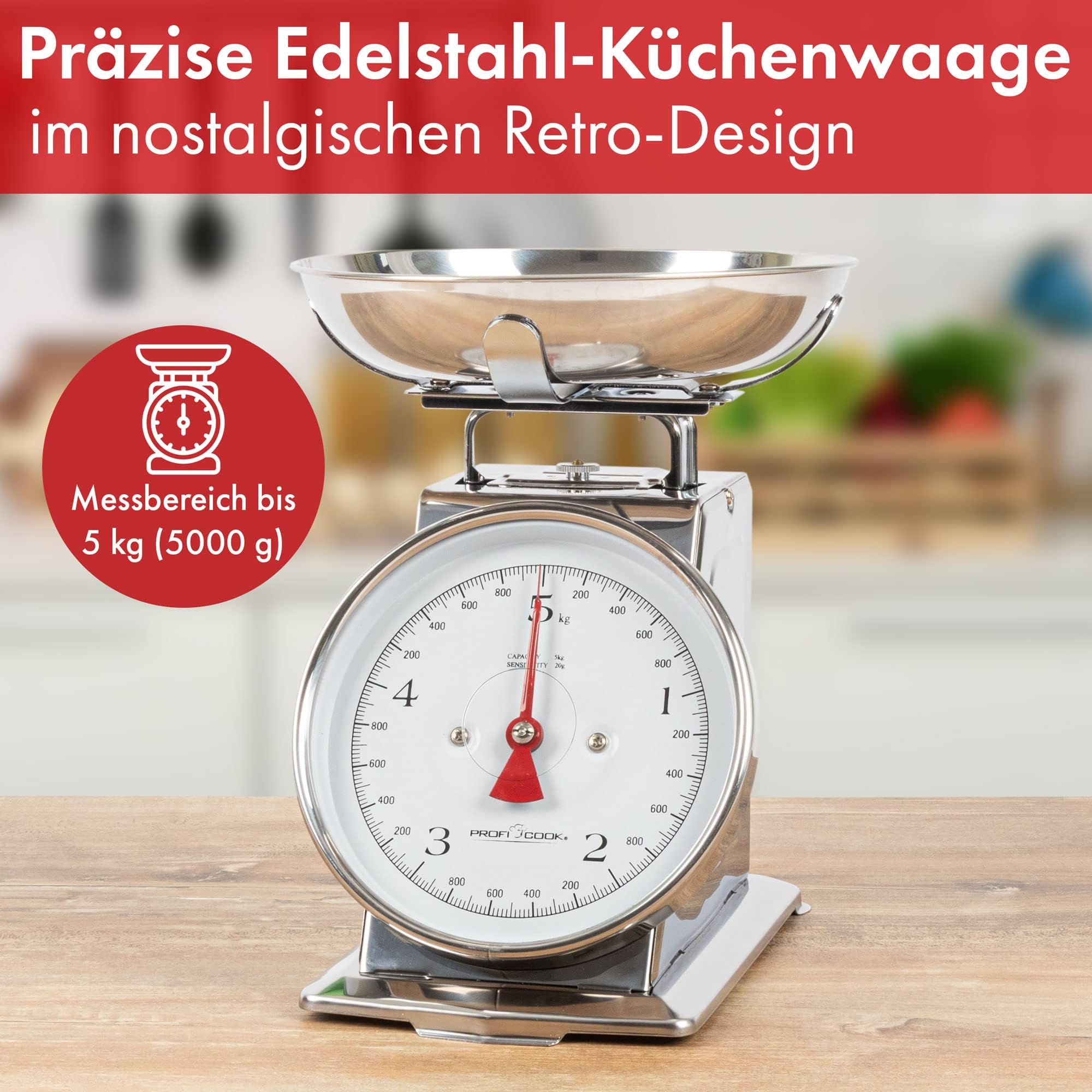 ProfiCook Küchenwaage ohne Batterie | Küchenwaage Retro analog | bis 5kg mit Tara-Funktion | Waage für die Küche ohne Batterie/Strom nutzbar | inkl. Edelstahl Schüssel | Retro-Küchenwaage PC KW 1247