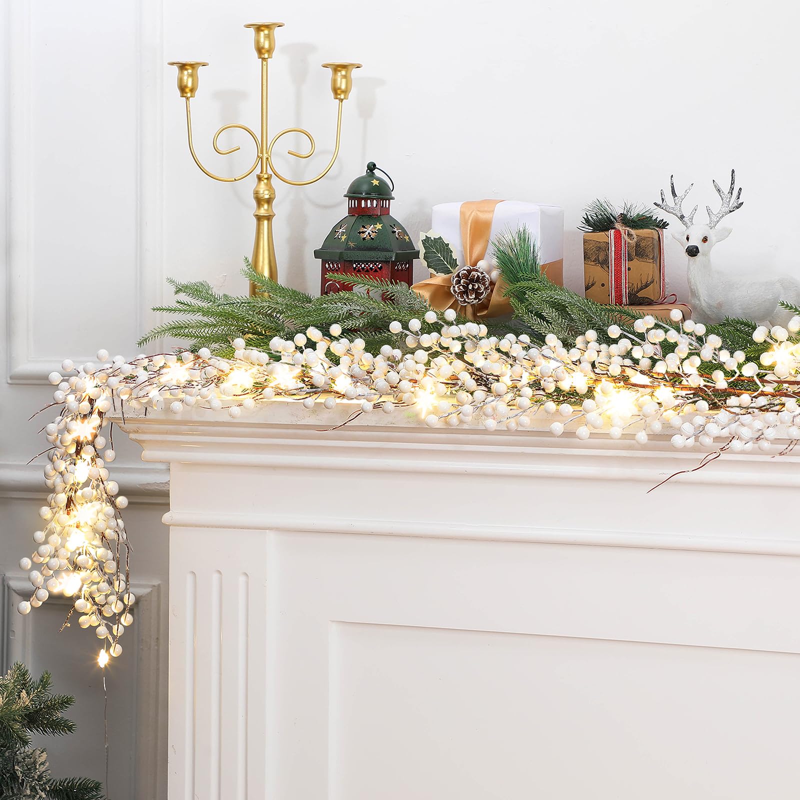 Jutom Winter Christmas Pip Berry Garland with Lights 6 ft Bethlehem Star Lighted White Christmas Garland Farmhouse Mantel Christmas Decorations