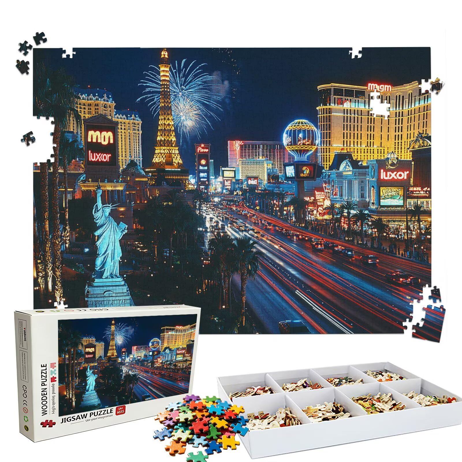 Puzzle 1000 elementów, puzzle 1000 elementów dla dorosłych, trudne puzzle, druk w wysokiej rozdzielczości i jasne kolory, drewniane puzzle nocny widok miasto z wykwintnym pudełkiem do pakowania W3H
