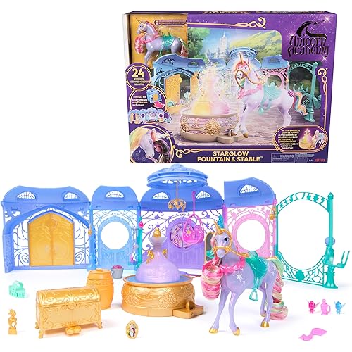 Unicorn Academy, Starglow Fountain & Stable Playset with Wildstar, Lights & Sounds, 24 Accessories, Dolls & Unicorn Toys, Gifts for Girls Ages 4 and up