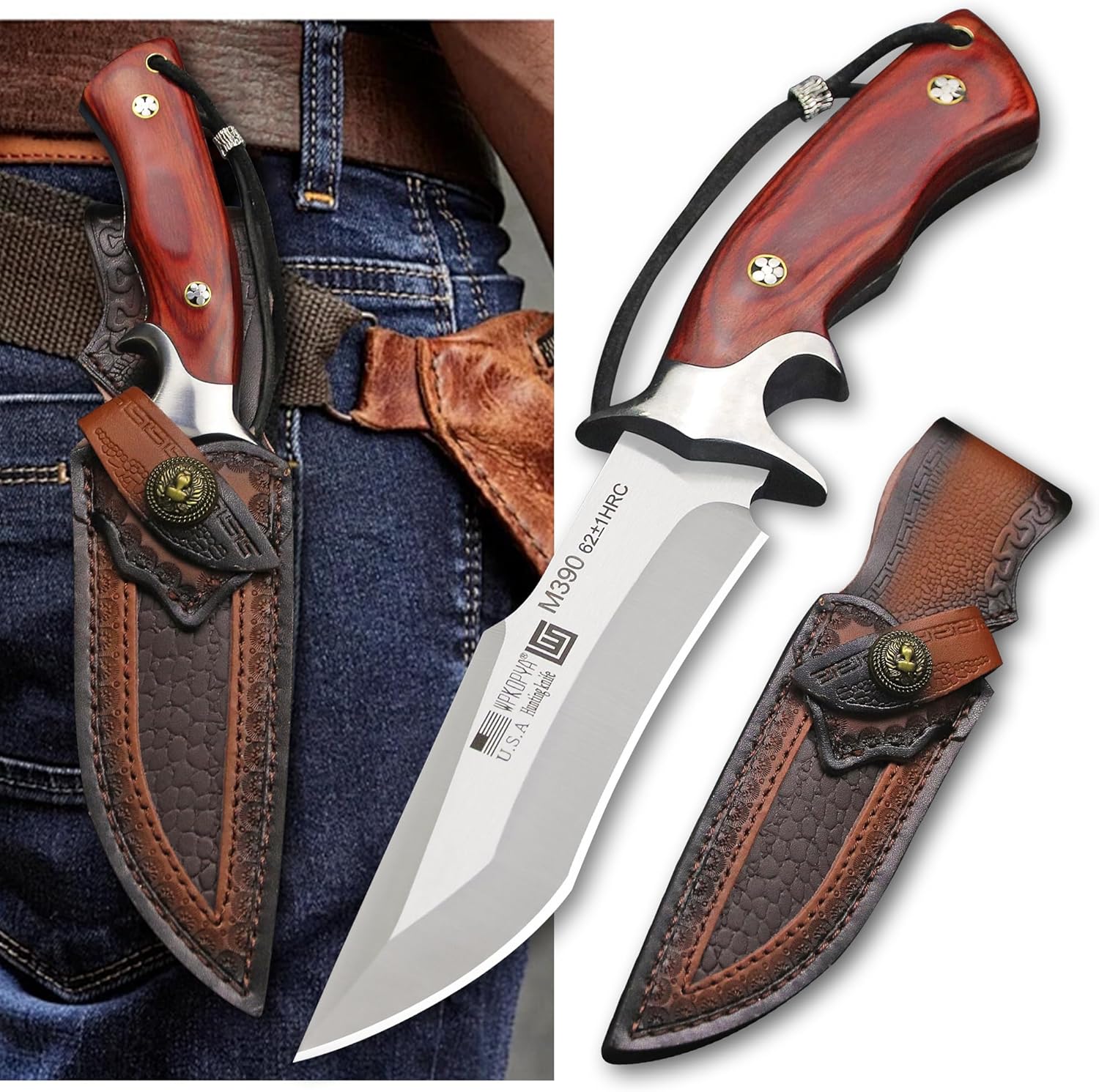 WPKOPYA WZD-006 Fixed hunting knife with scabbard tactical knife, suitable for jungle hunting, hiking, fishing, rescue and self-defense, EDC (Sandblasted Hunting Style)