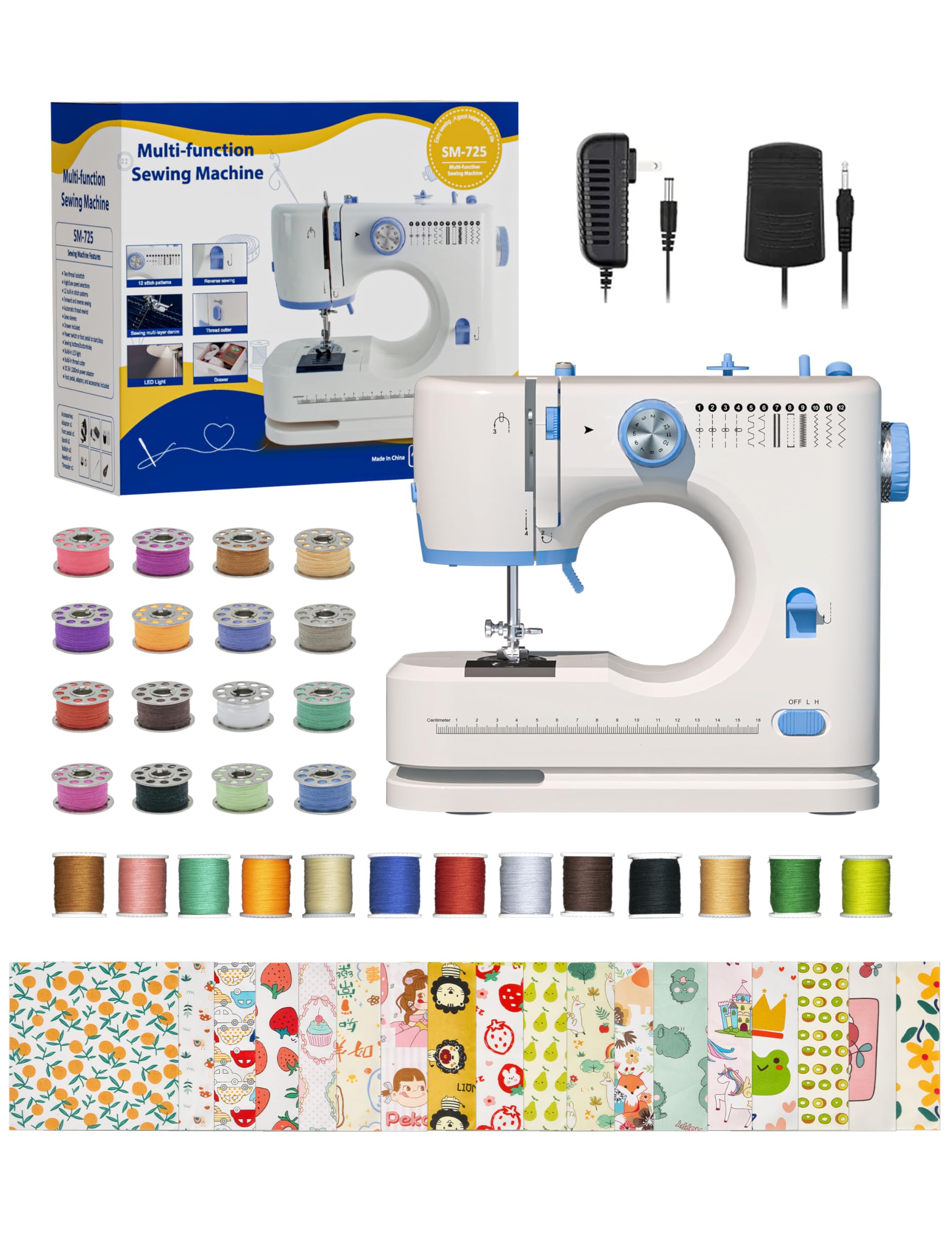Portable Sewing Machine, Lncludes Beginner Basic Sewing Machine Kit, 12 Stitch Patterns Built-In, Versatile 2-Speed Foot Pedal, Great for Beginners, Adults, Home Use - Blue and White